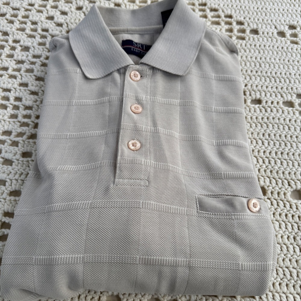 Vintage Polo Shirt Medium Beige Vintage Textured Grid Short Sleeve Mens Nautical